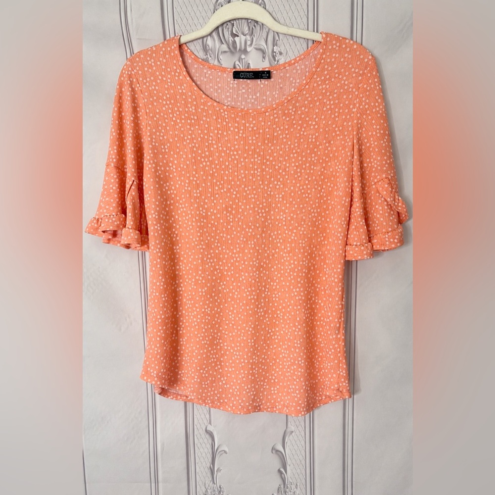 CURE Peach Polka Dot Blouse | Ruffle Sleeves | Size Medium